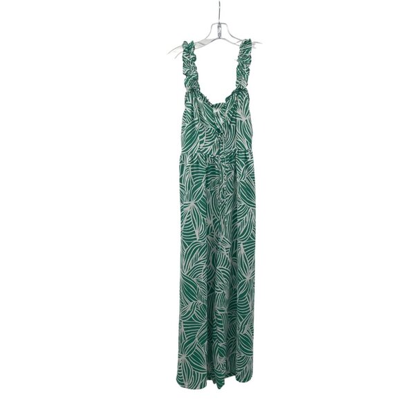 Japna Womens Leaf Print Jumpsuit Wide Leg Sleeveless Green/White  Medium Smocked - Picture 1 of 8